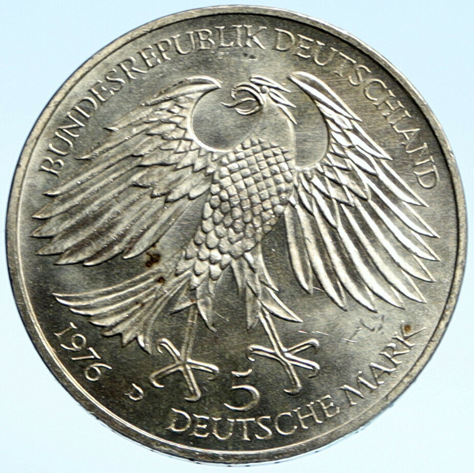 1976 Germany Hans Grimmelshausen AUTHOR Antique Silver 5 Mark German Coin i99363