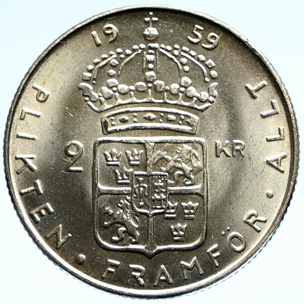 1959 SWEDEN King GUSTAV VI ADOLF 2 Kronor LARGE OLD Silver SWEDISH Coin i99379