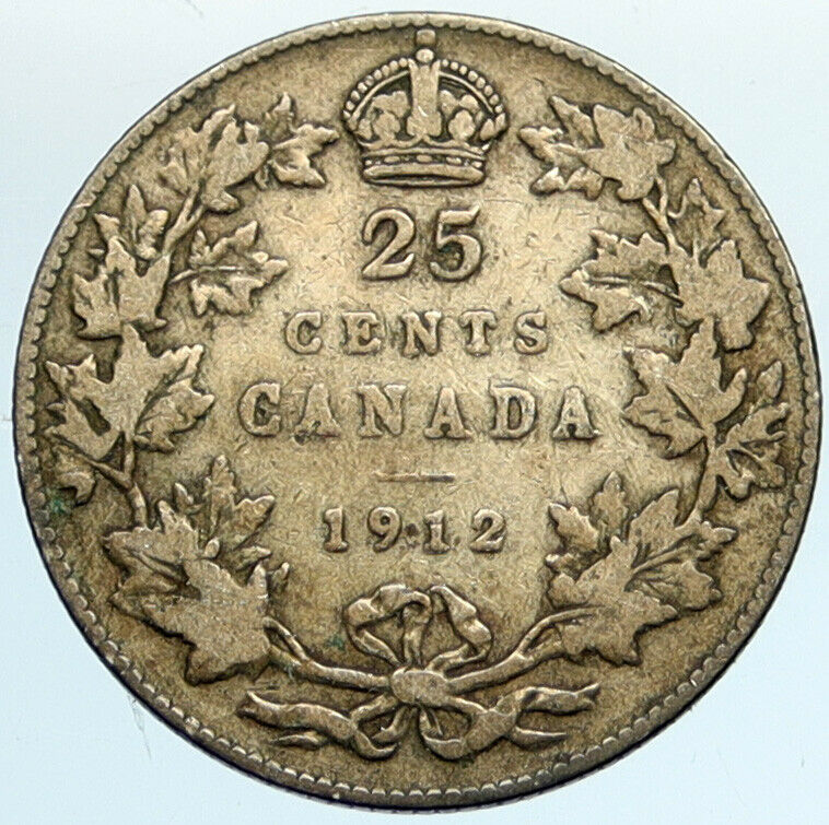 1912 CANADA UK King George V Genuine Original Old SILVER 25 CENTS Coin i101562