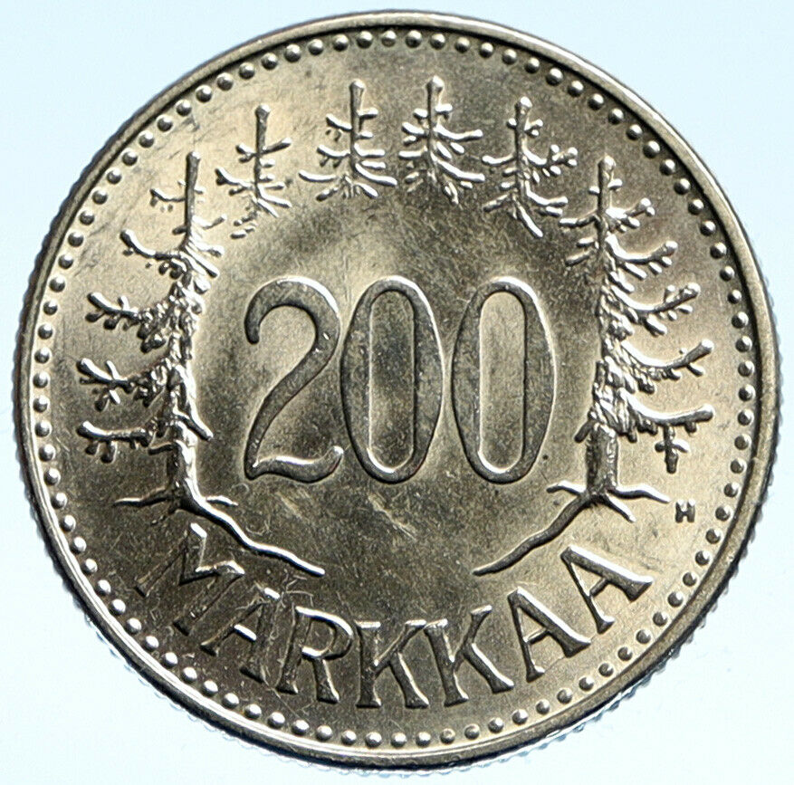 1957 FINLAND Trees Forest Pines Shield Genuine Silver 200 Markkaa Coin i99373