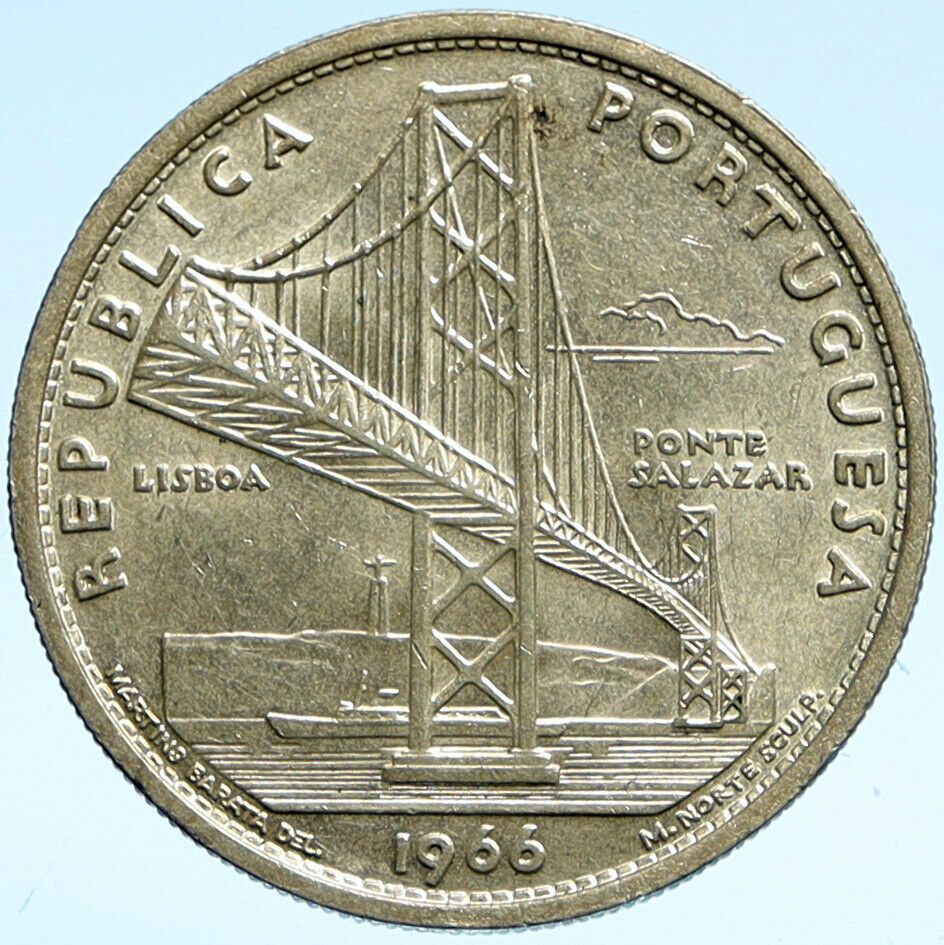 1966 PORTUGAL Opening of SALAZAR BRIDGE Antique BU Silver 20 Escudos Coin i99375