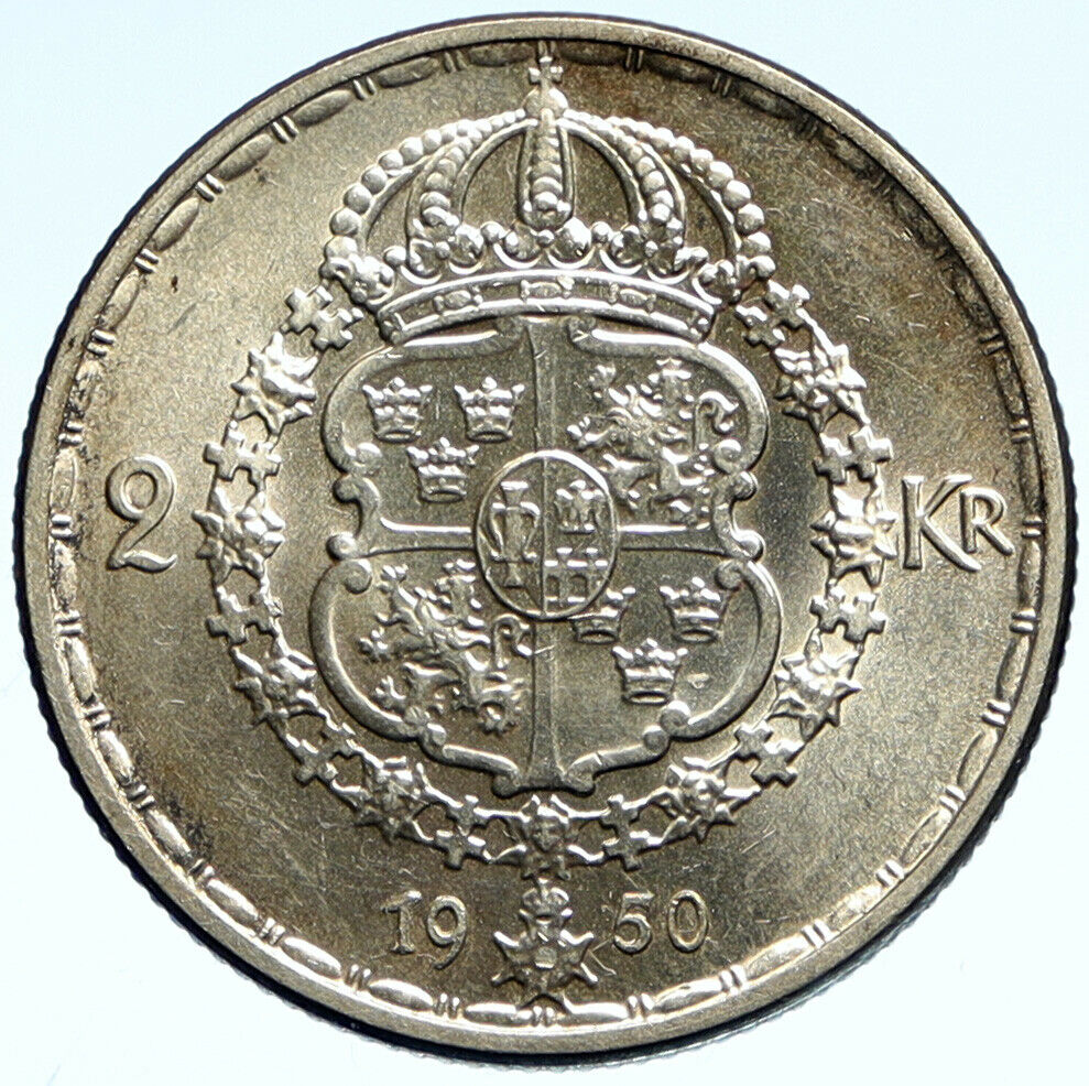 1950 SWEDEN King GUSTAF V Silver Crowned ARMS Antique Vintage 2 KR Coin i99352