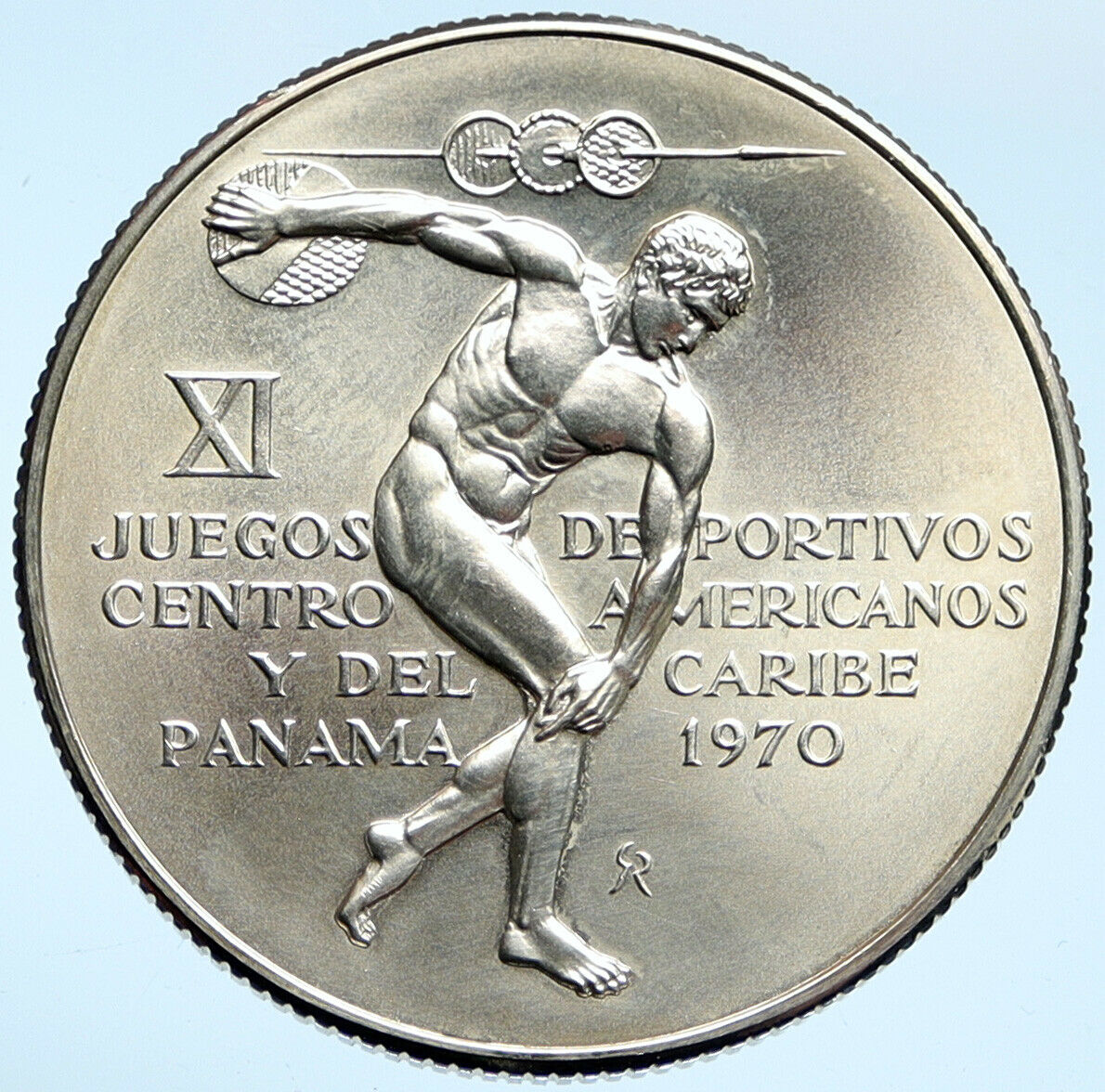 1970 PANAMA Olympic Games GREEK DISC THROWER ATHLETE Old Silver 5Bol Coin i99717