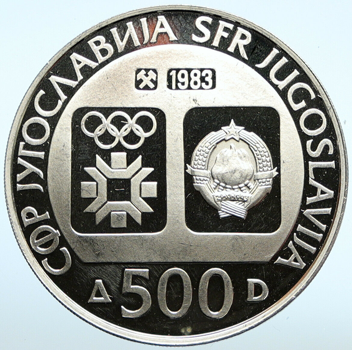 1983 YUGOSLAVIA '84 Winter Olympics SARAJEVO Biathlon PF Silver 500D Coin i99721