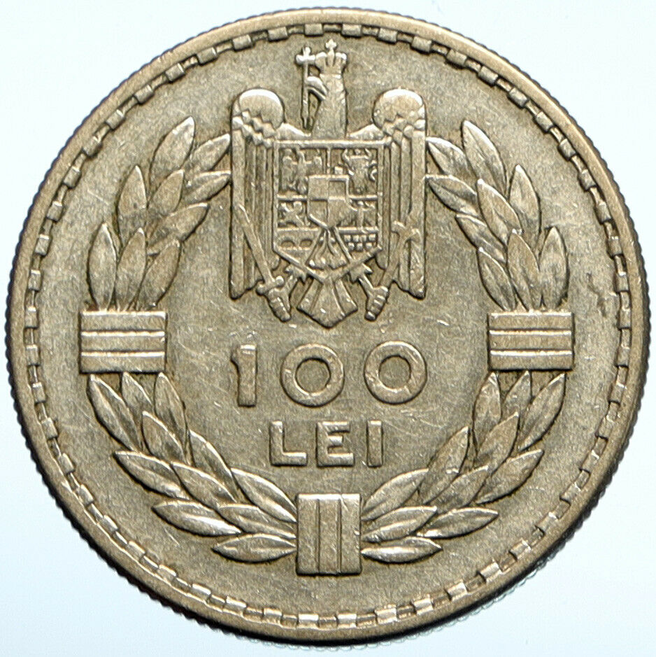 1932 ROMANIA King Carol II Eagle VINTAGE Old Silver 100 Lei Romanian Coin i99723