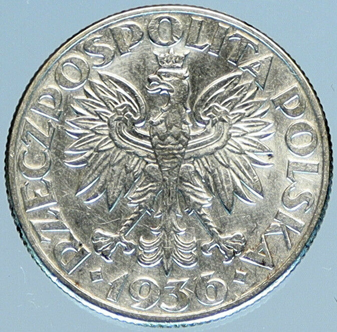 1936 POLAND Eagle SHIP SAILING Gdynia Seaport OLD Silver 2 Zlotych Coin i98440