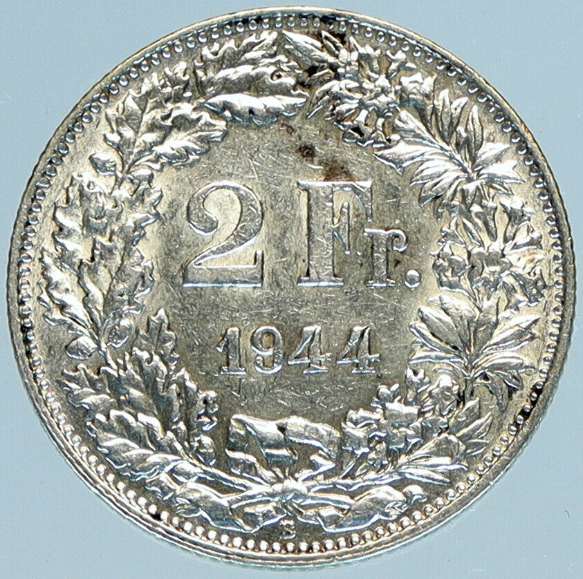 1944 SWITZERLAND - SILVER 2 Francs Coin HELVETIA Symbolizes SWISS Nation i98456