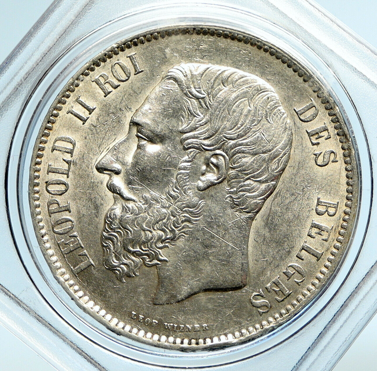 1871 BELGIUM with King LEOPOLD II and LION Vintage Silver 5 Francs Coin i99786