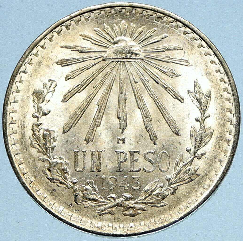 1943 MEXICO Eagle Liberty Cap Large Vintage OLD Silver Peso Mexican Coin i97977