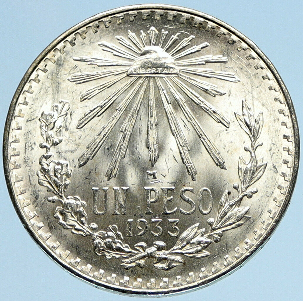 1933 Mo MEXICO Large Eagle Liberty Cap Mexican Antique Silver 1 Peso Coin i97966