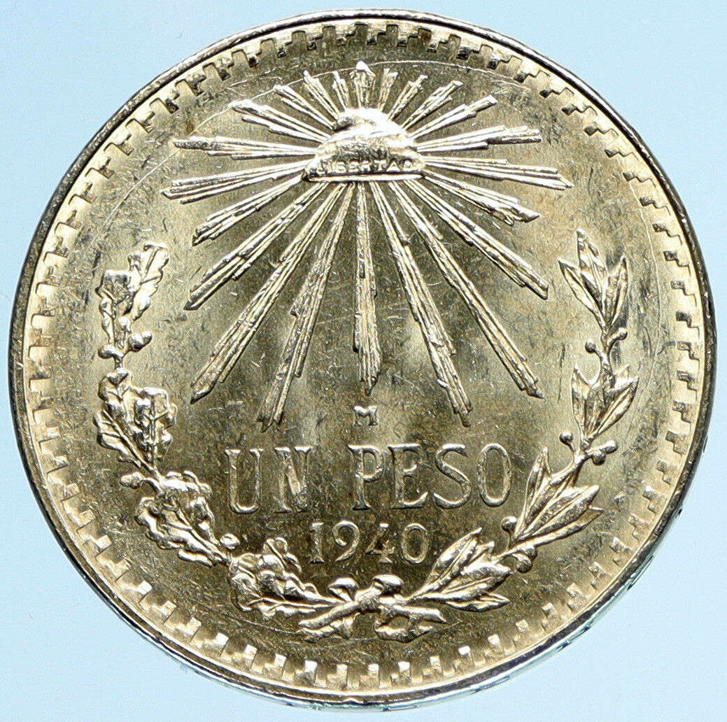 1940 Mo MEXICO Large Eagle Liberty Cap Mexican Antique Silver 1 Peso Coin i97959