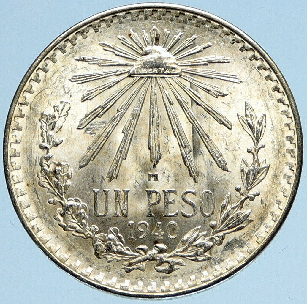 1940 Mo MEXICO Large Eagle Liberty Cap Mexican Antique Silver 1 Peso Coin i97971