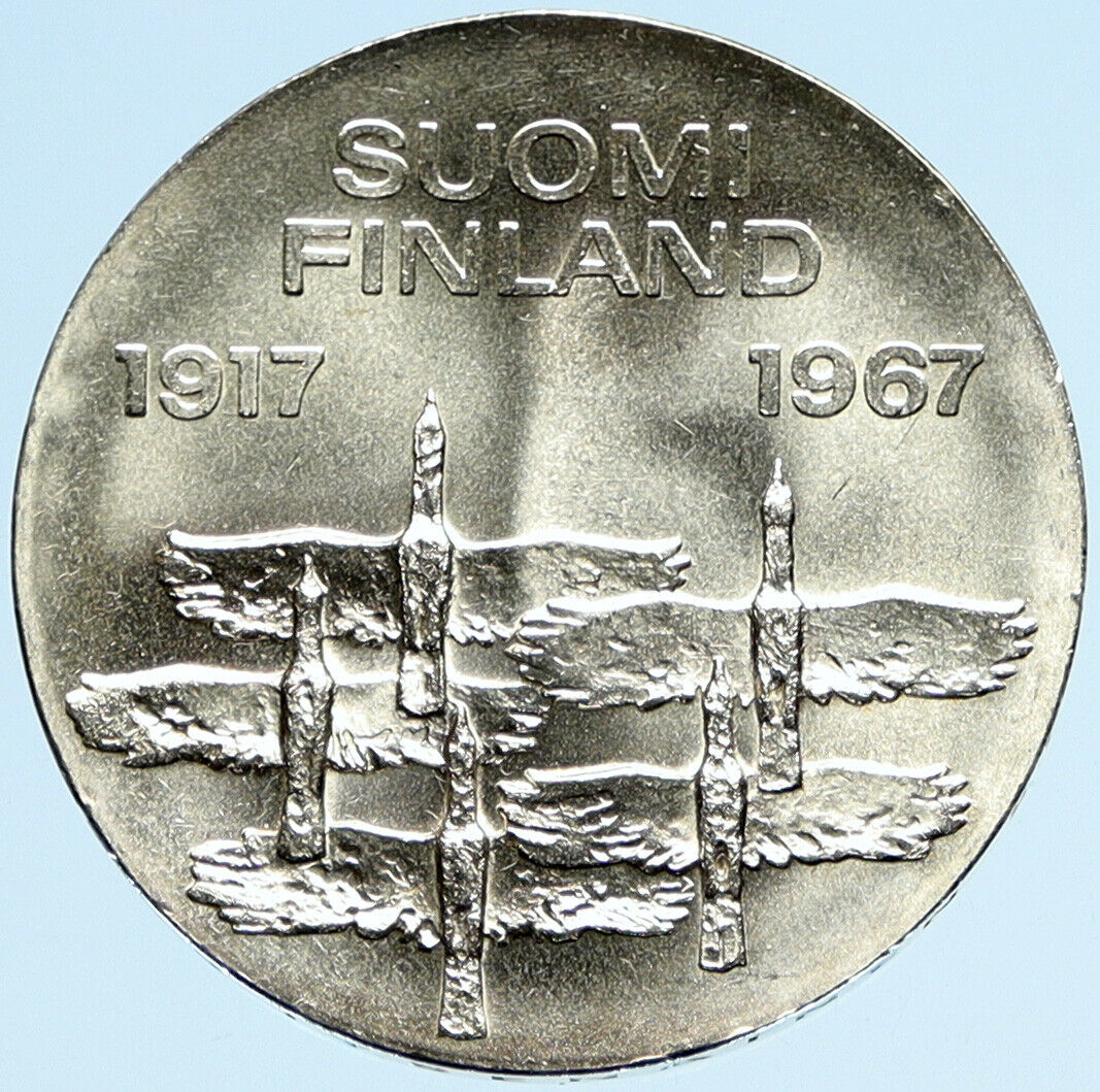 1967 FINLAND Geese Flying 50Y Independence VINTAGE Silver 10 Markkaa Coin i97981