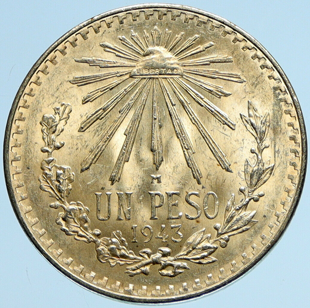 1943 MEXICO Eagle Liberty Cap Large Vintage OLD Silver Peso Mexican Coin i97973