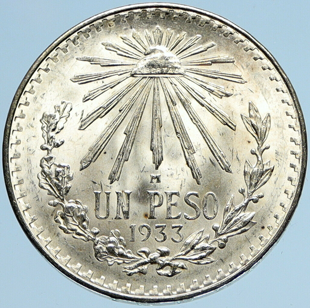 1933 Mo MEXICO Large Eagle Liberty Cap Mexican Antique Silver 1 Peso Coin i97975