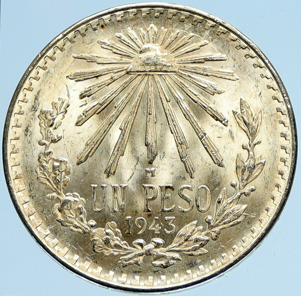 1943 MEXICO Eagle Liberty Cap Large Vintage OLD Silver Peso Mexican Coin i97976