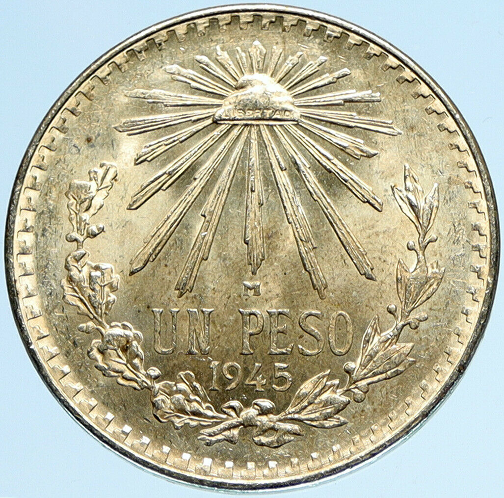 1945 Mo MEXICO Large Eagle Liberty Cap Mexican Antique Silver 1 Peso Coin i97972