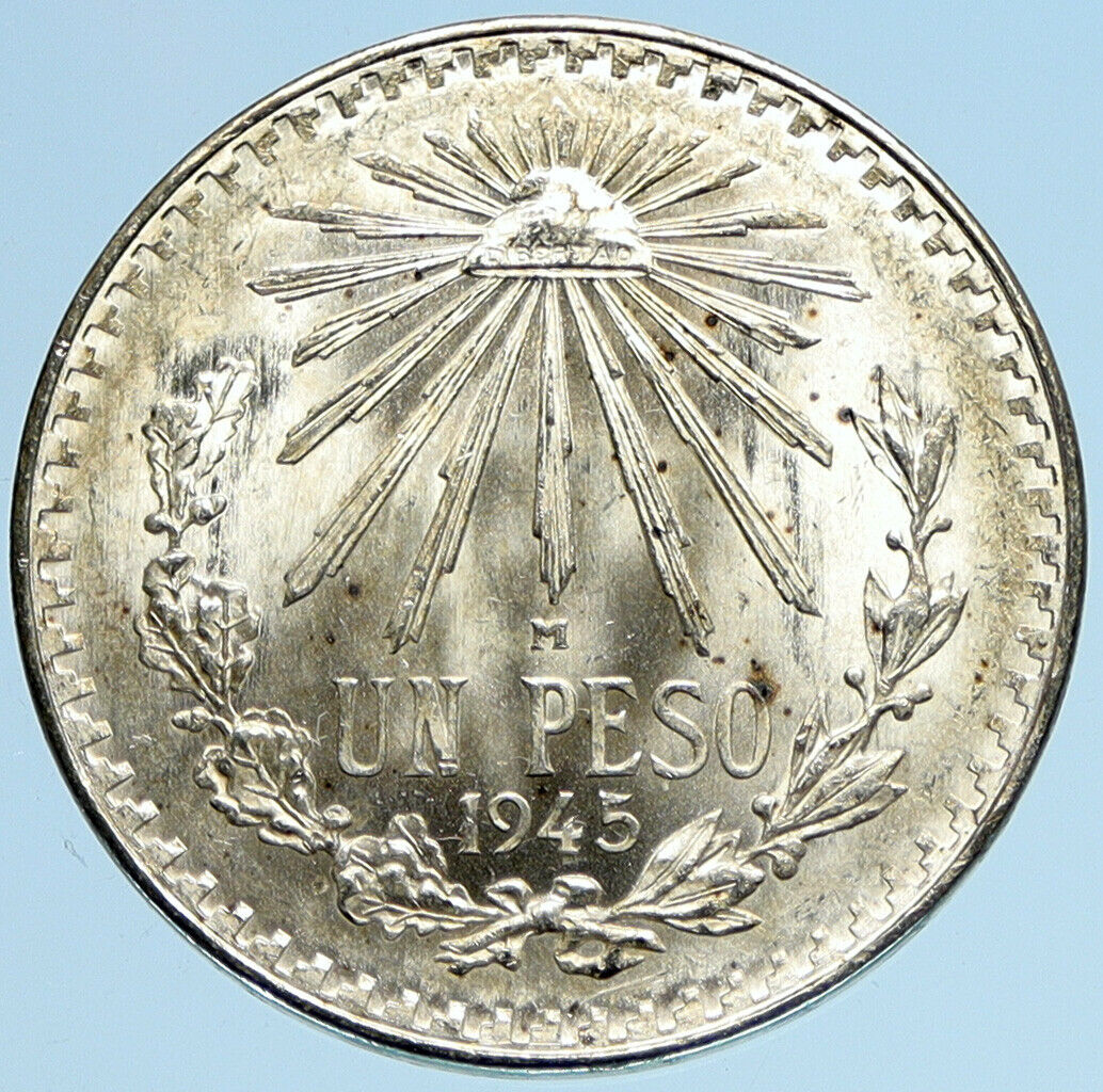 1945 Mo MEXICO Large Eagle Liberty Cap Mexican Antique Silver 1 Peso Coin i97965