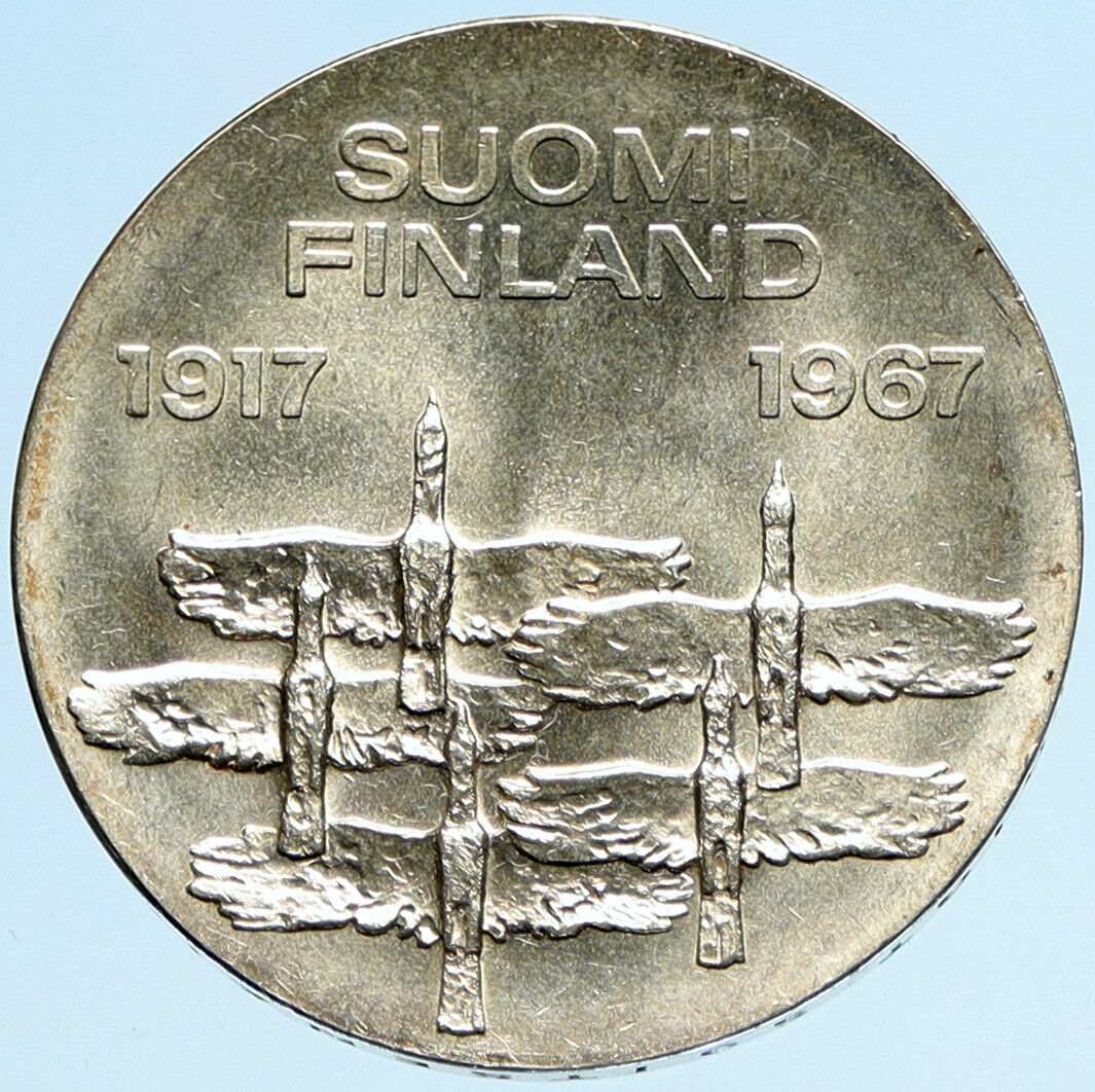 1967 FINLAND Geese Flying 50Y Independence VINTAGE Silver 10 Markkaa Coin i97982