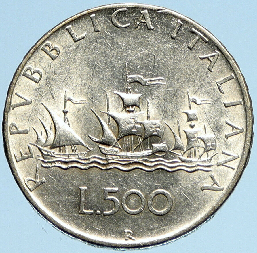 1958 ITALY CHRISTOPHER COLUMBUS Ship DISCOVER America SILVER 500Lire Coin i97985