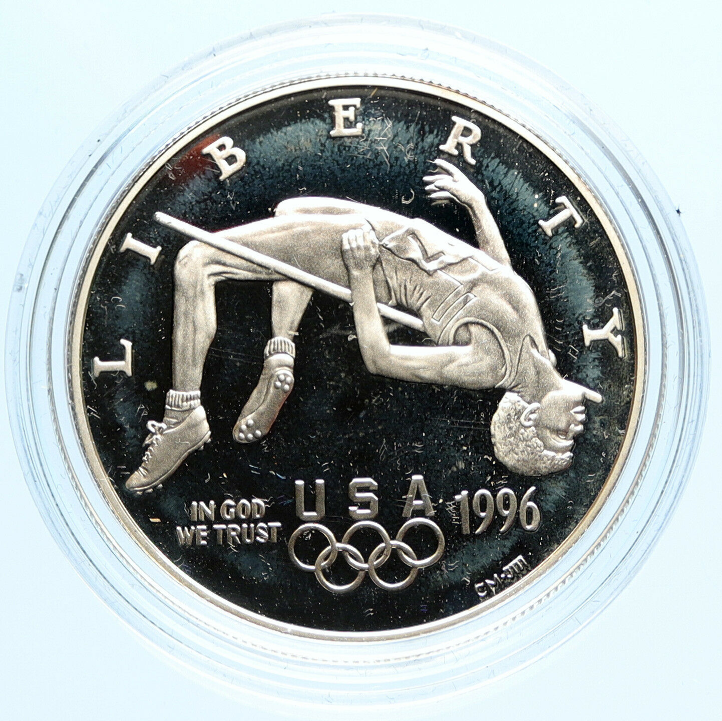 1996 P USA United States ATLANTA OLYMPICS High Jump Proof Silver $1 Coin i97059