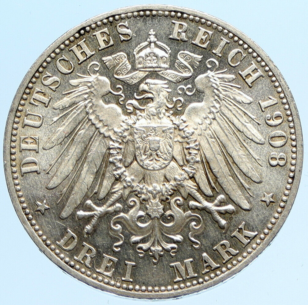 1908 D GERMANY German States BAVARIA King OTTO Silver 3 Mark Coin w EAGLE i97280