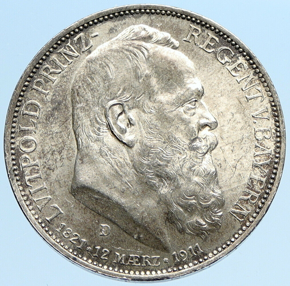 1911 D GERMANY Bavaria Otto I PRINCE LUITPOLD Antique Silver 3 Marks Coin i97275