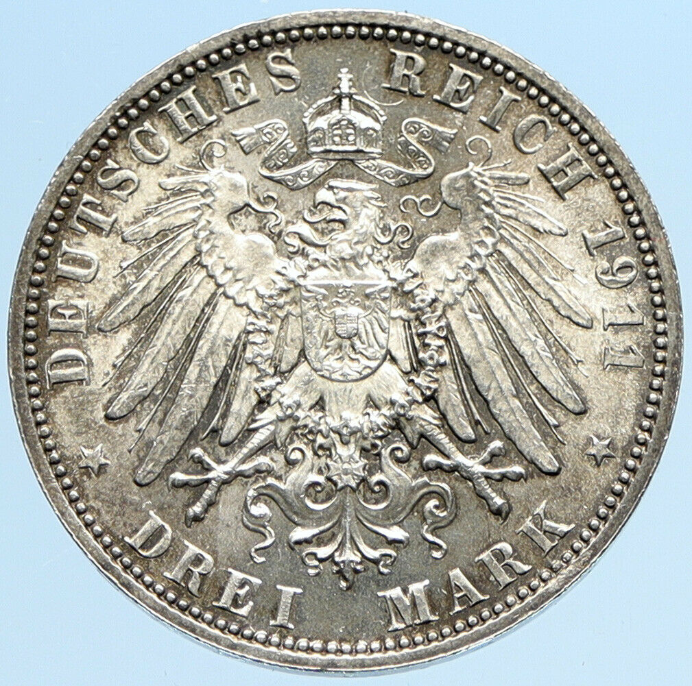 1911 D GERMANY Bavaria Otto I PRINCE LUITPOLD Antique Silver 3 Marks Coin i97275