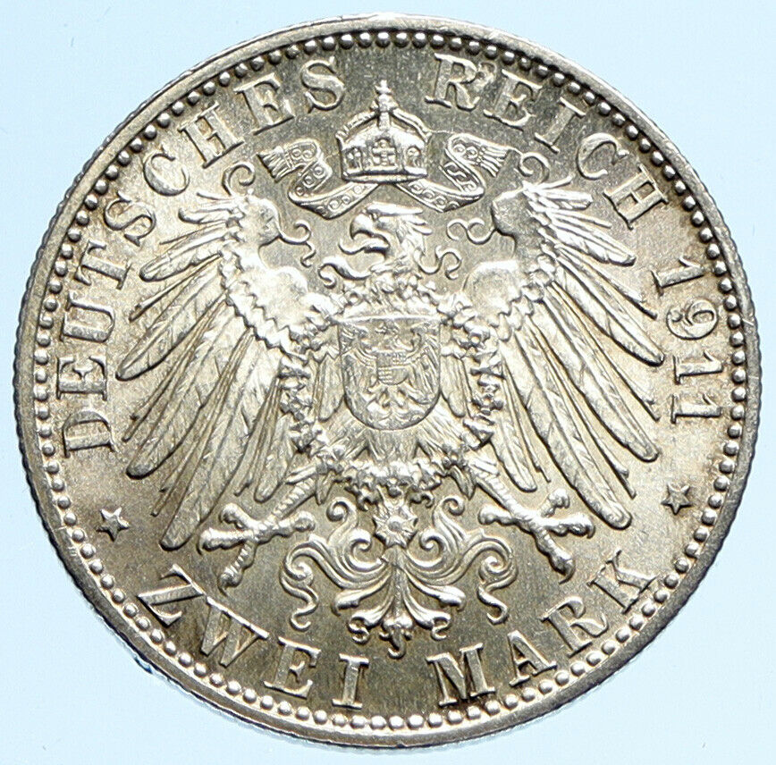 1911 D GERMANY Bavaria Otto I PRINCE LUITPOLD Antique Silver 2 Marks Coin i97286