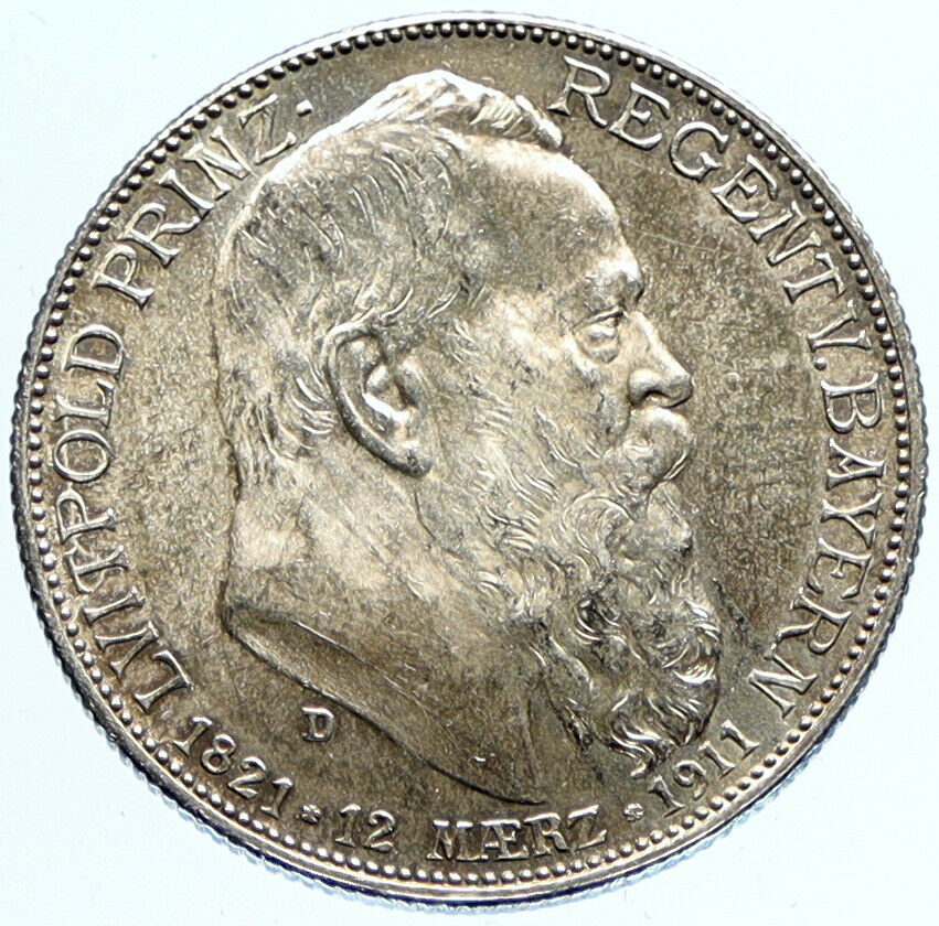 1911 D GERMANY Bavaria Otto I PRINCE LUITPOLD Antique Silver 2 Marks Coin i97285