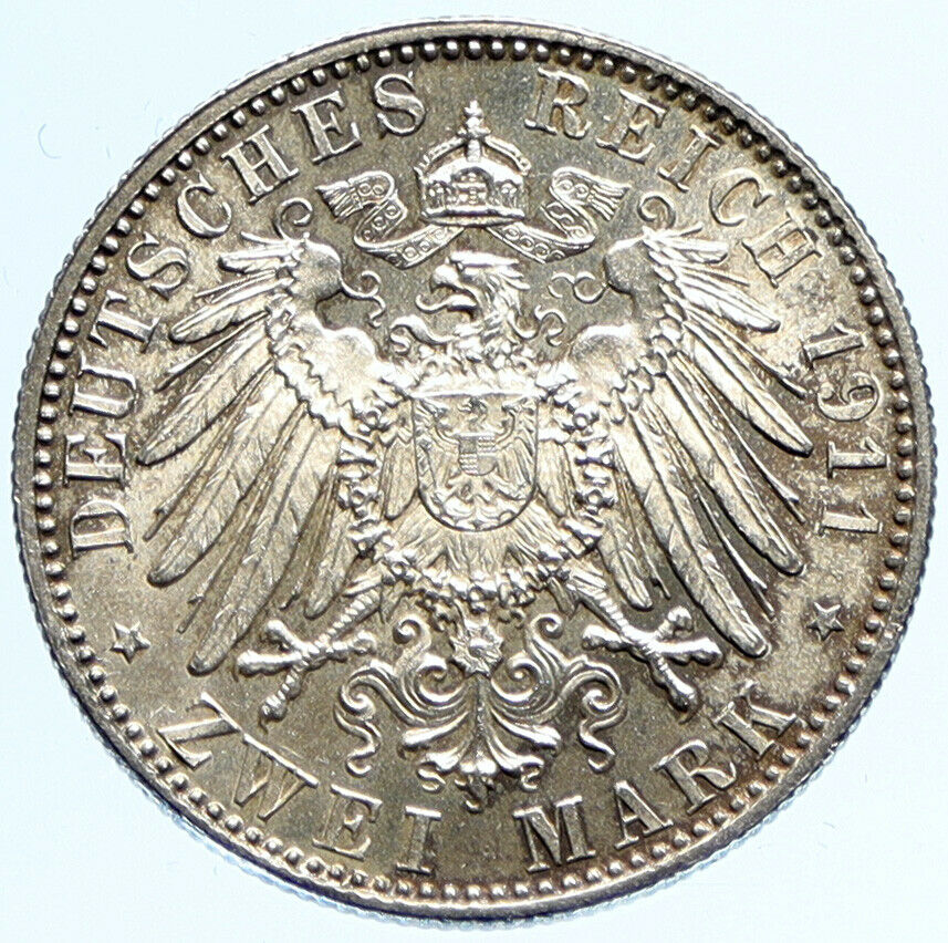 1911 D GERMANY Bavaria Otto I PRINCE LUITPOLD Antique Silver 2 Marks Coin i97285