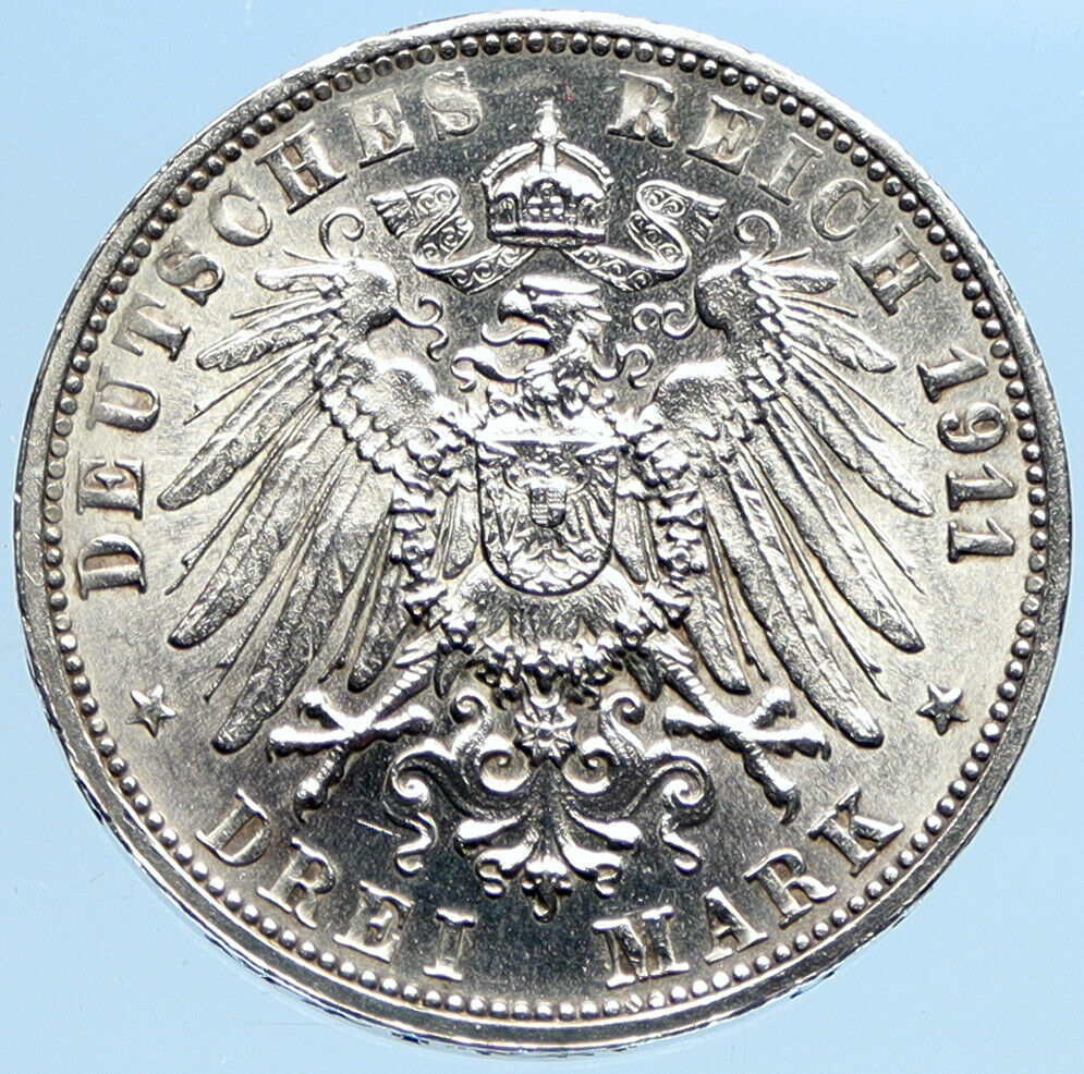 1911 F WURTTEMBERG KINGDOM Germany WILHELM II Wedding Silver 3 Mark Coin i97274