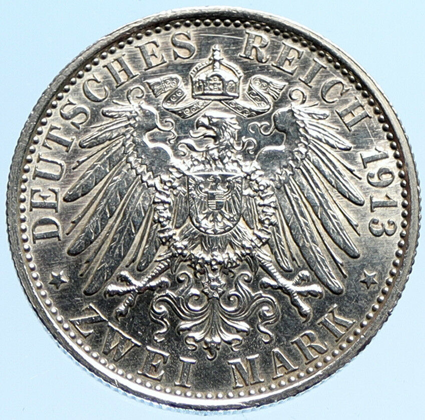 1913 A PRUSSIA KINGDOM Germany WILHELM II Old Silver 2 Mark German Coin i97277