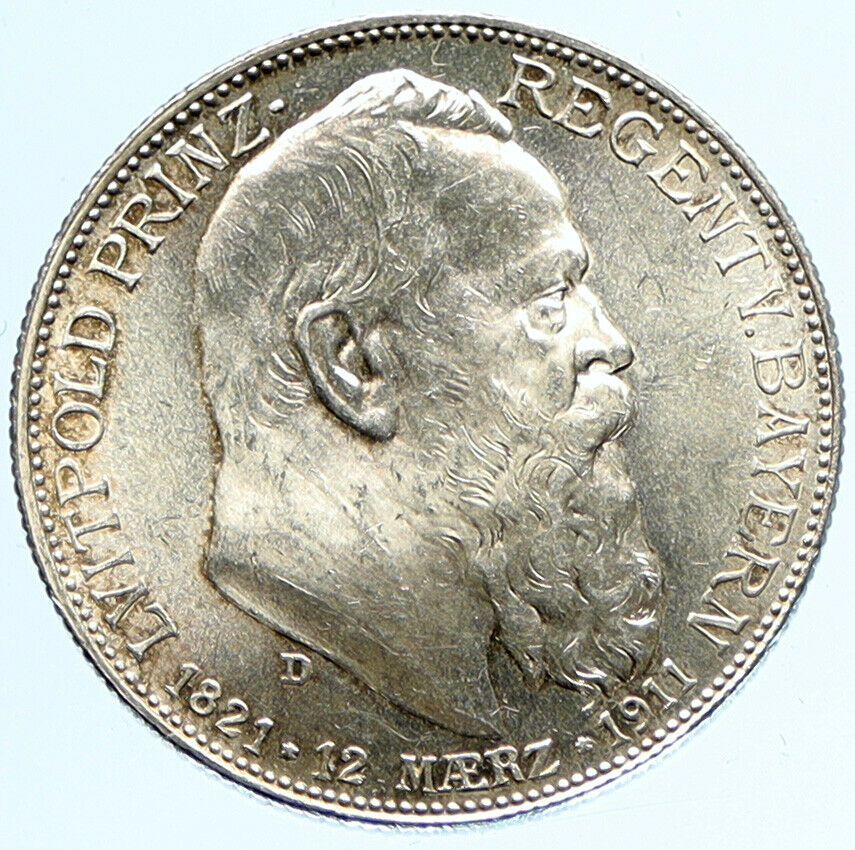 1911 GERMANY Bavaria Otto I w PRINCE LUITPOLD Antique Silver 2 Marks Coin i97284