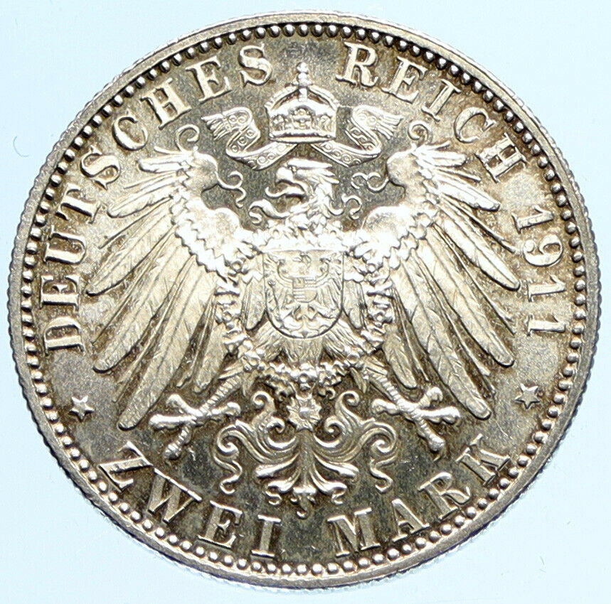 1911 GERMANY Bavaria Otto I w PRINCE LUITPOLD Antique Silver 2 Marks Coin i97284