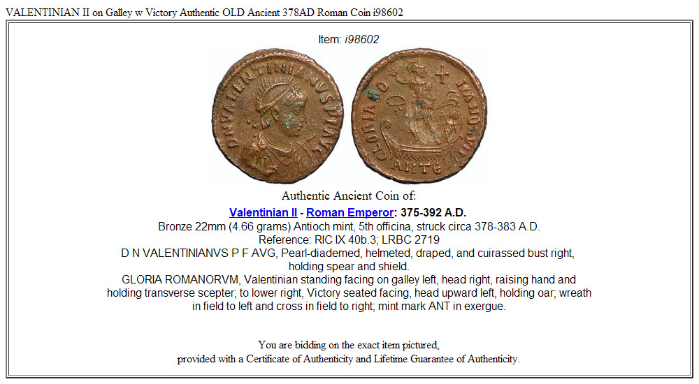 VALENTINIAN II on Galley w Victory Authentic OLD Ancient 378AD Roman Coin i98602