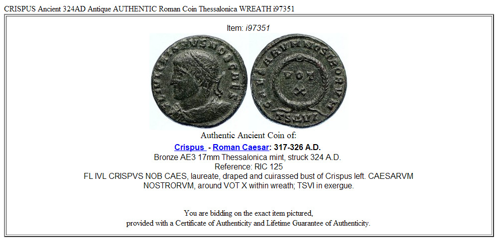 CRISPUS Ancient 324AD Antique AUTHENTIC Roman Coin Thessalonica WREATH i97351