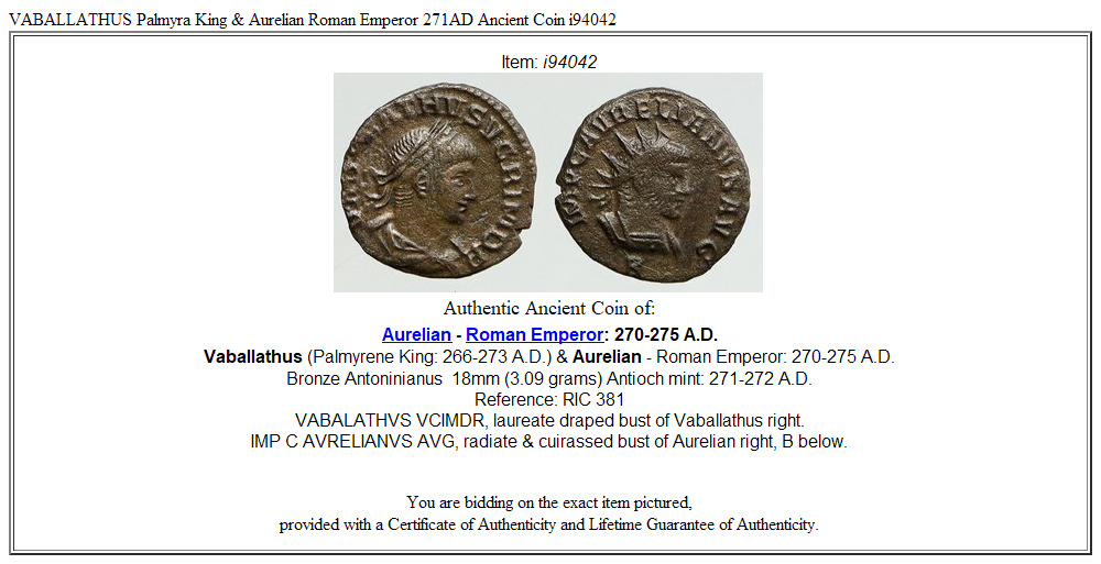 VABALLATHUS Palmyra King & Aurelian Roman Emperor 271AD Ancient Coin i94042