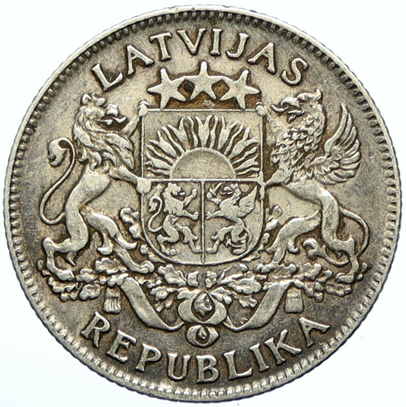 1924 LATVIA Lions & Shield ANTIQUE Vintage OLD Silver European Lats Coin i100972