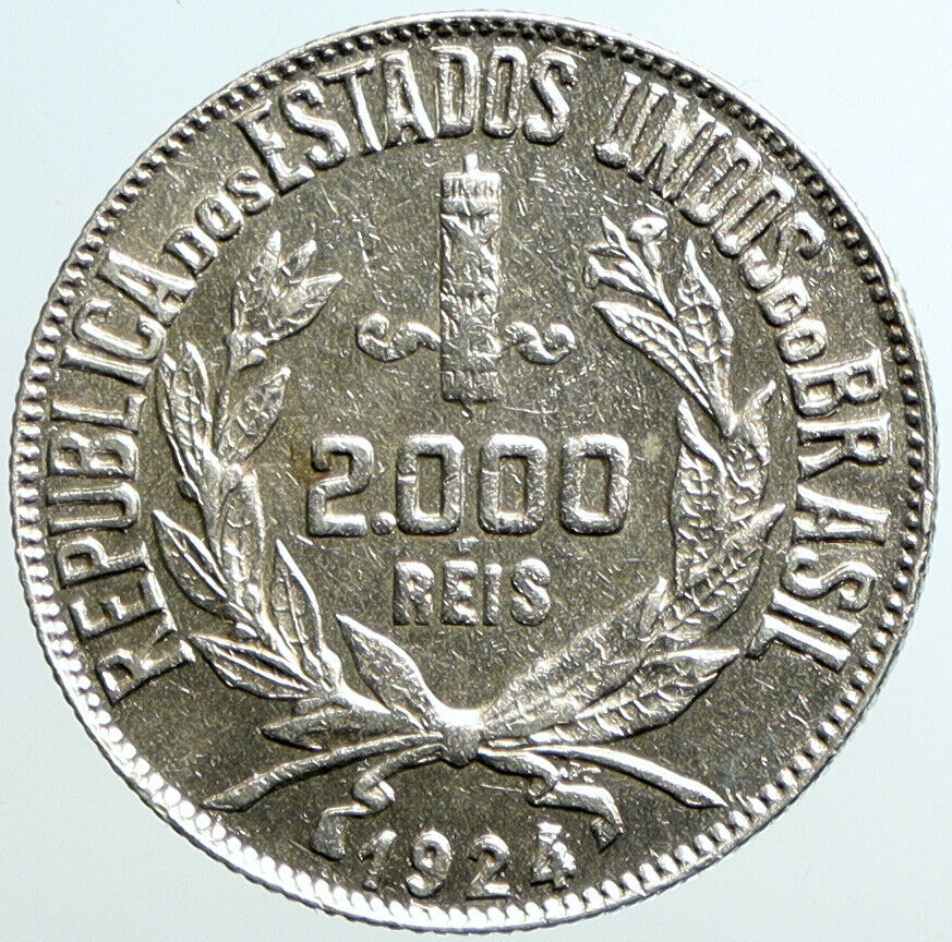 1924 BRAZIL Woman of Republic Antique Brazilian Silver 2000 Reis Coin i101608