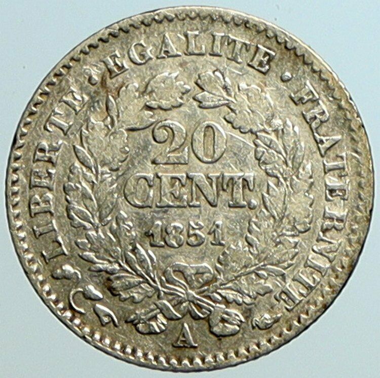 1851 A FRANCE Antique Authentic VINTAGE Silver 20 Centimes French Coin i101607