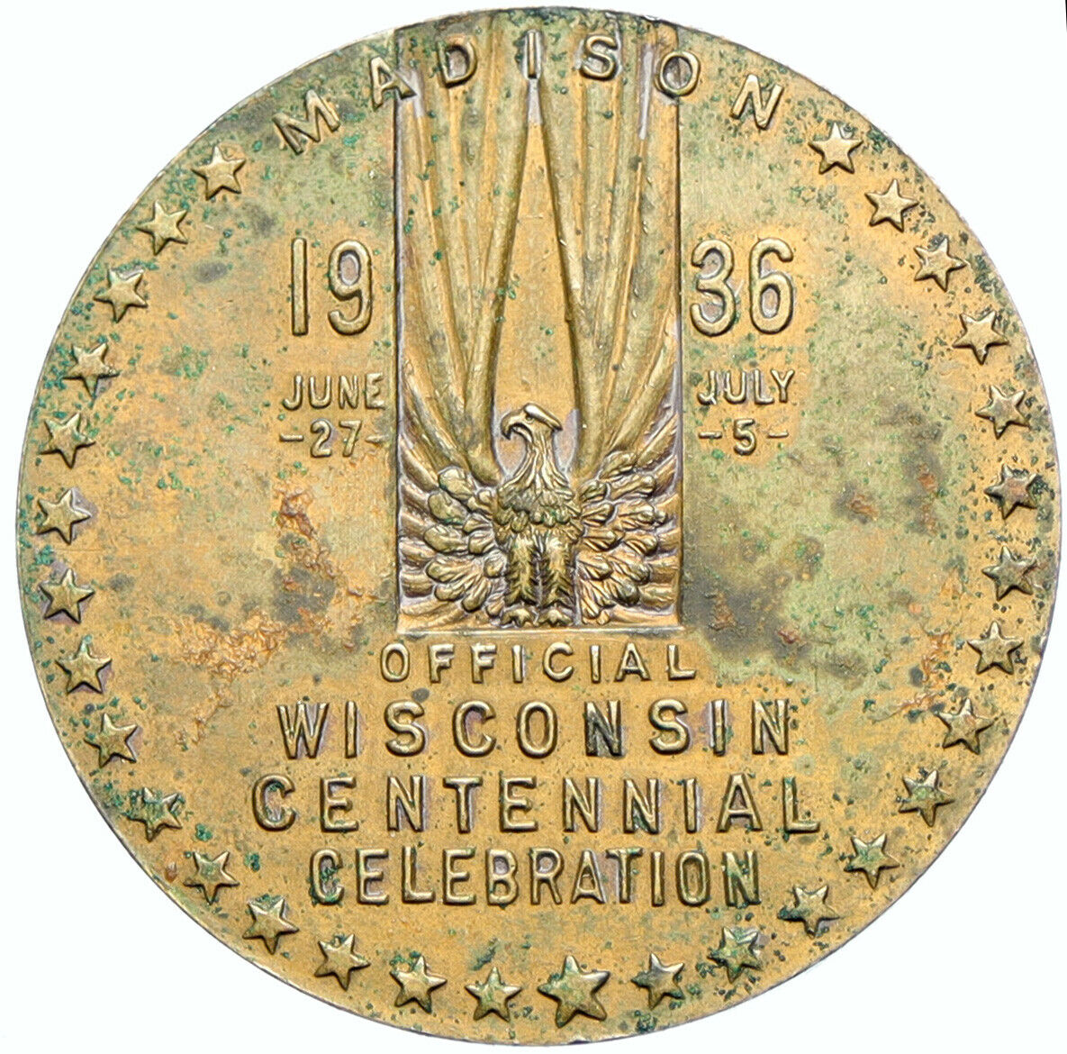 1936 USA Wisconsin CENTENNIAL 100 YR VINTAGE So-Called Dollar Medal Coin i100416