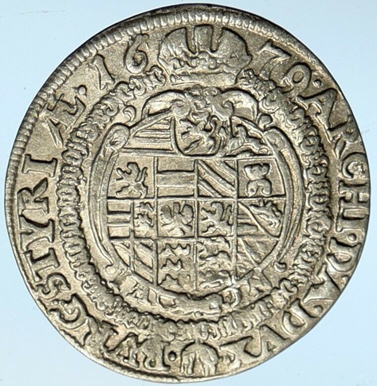 1679 AUSTRIA King Leopold I Habsburg OLD Antique Silver 6 Kreuzer Coin i100422