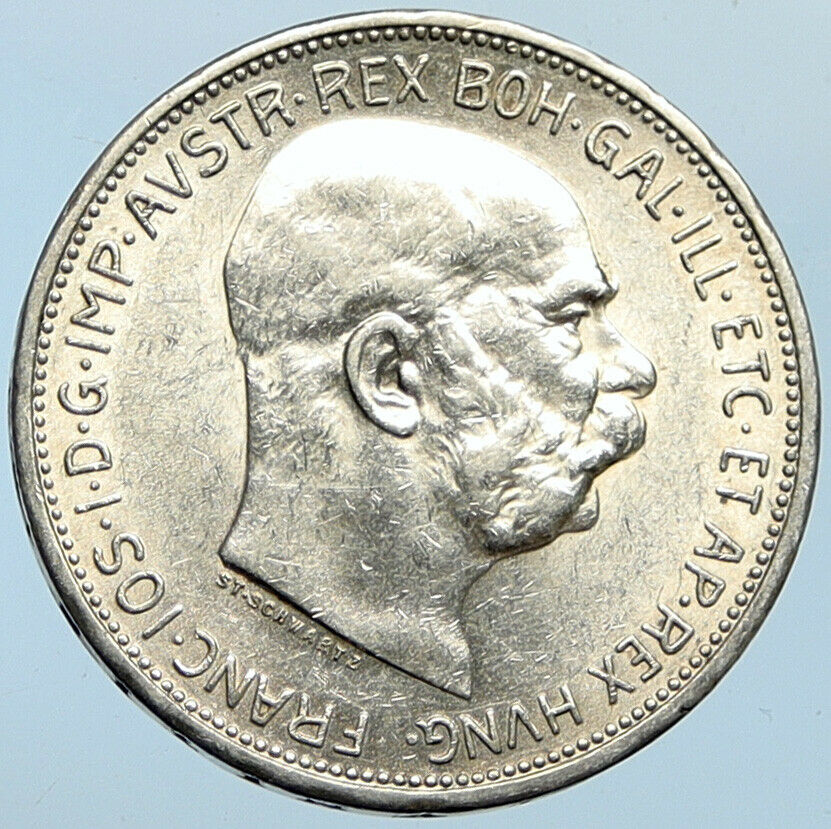 1913 AUSTRIA KING FRANZ JOSEPH I Eagle Antique OLD Silver 2 Corona Coin i100264