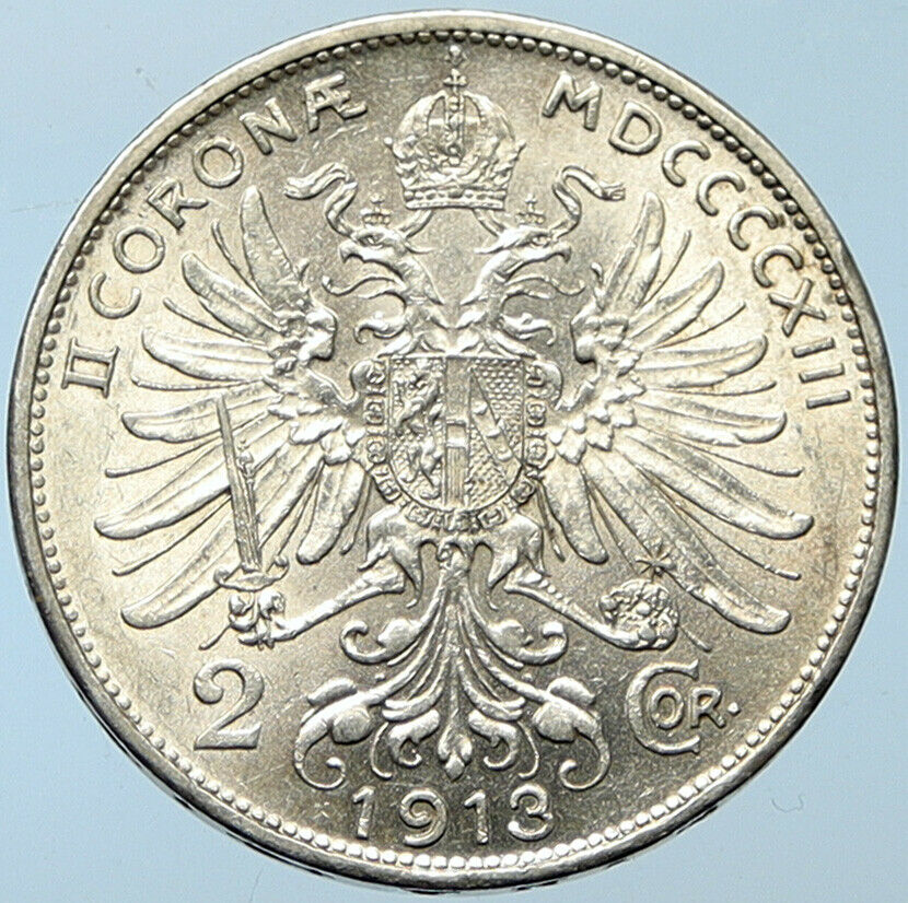 1913 AUSTRIA KING FRANZ JOSEPH I Eagle Antique OLD Silver 2 Corona Coin i100264