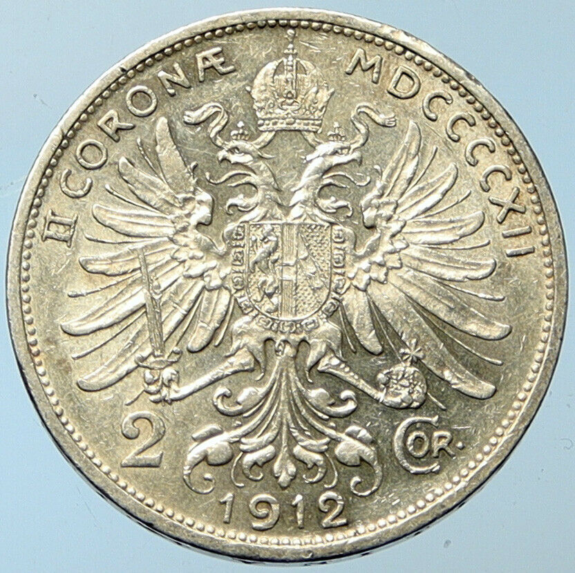 1912 AUSTRIA KING FRANZ JOSEPH I Eagle Antique OLD Silver 2 Corona Coin i100278