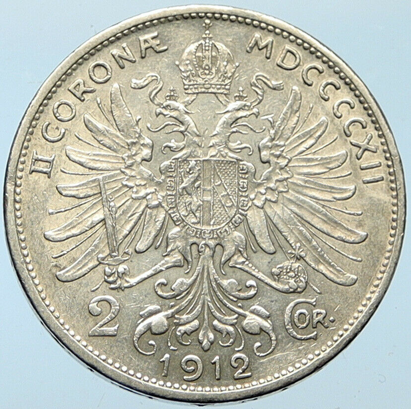 1912 AUSTRIA KING FRANZ JOSEPH I Eagle Antique OLD Silver 2 Corona Coin i100279