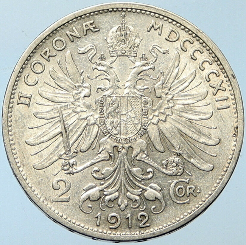 1912 AUSTRIA KING FRANZ JOSEPH I Eagle Antique OLD Silver 2 Corona Coin i100271