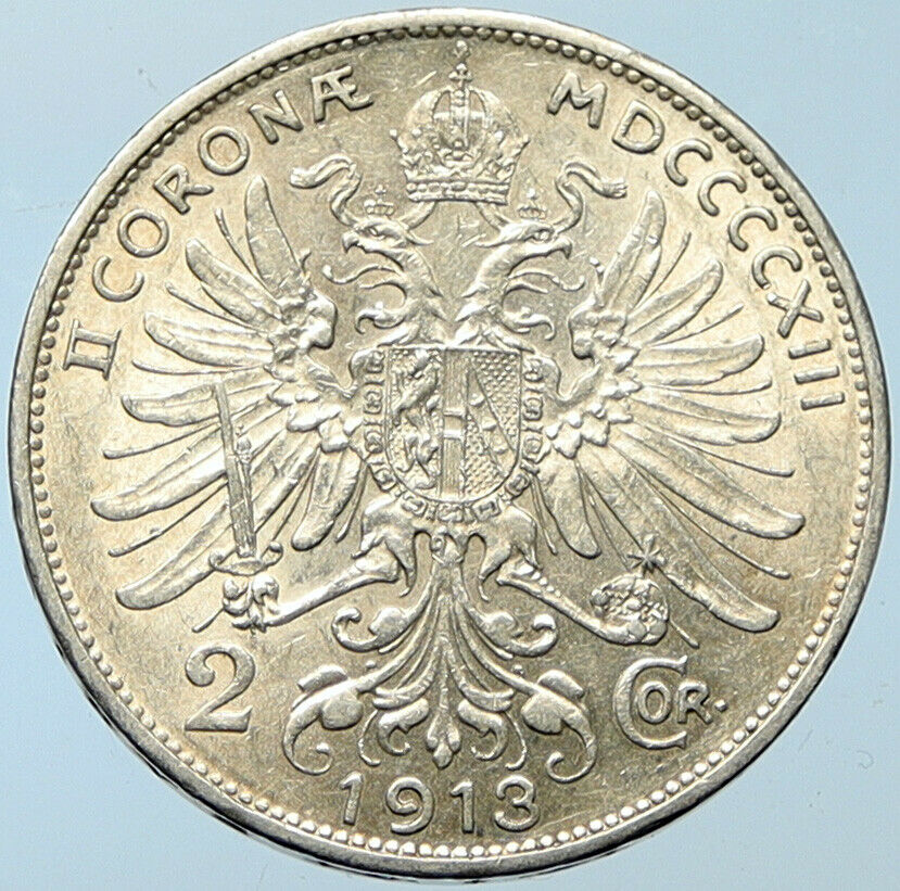 1913 AUSTRIA KING FRANZ JOSEPH I Eagle Antique OLD Silver 2 Corona Coin i100280