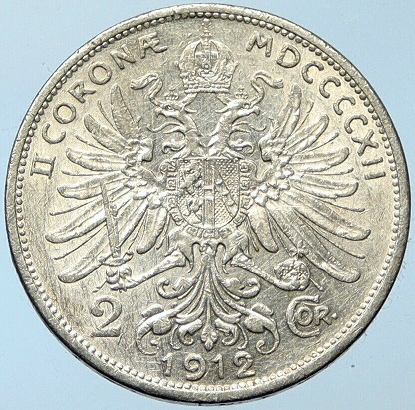 1912 AUSTRIA KING FRANZ JOSEPH I Eagle Antique OLD Silver 2 Corona Coin i100259